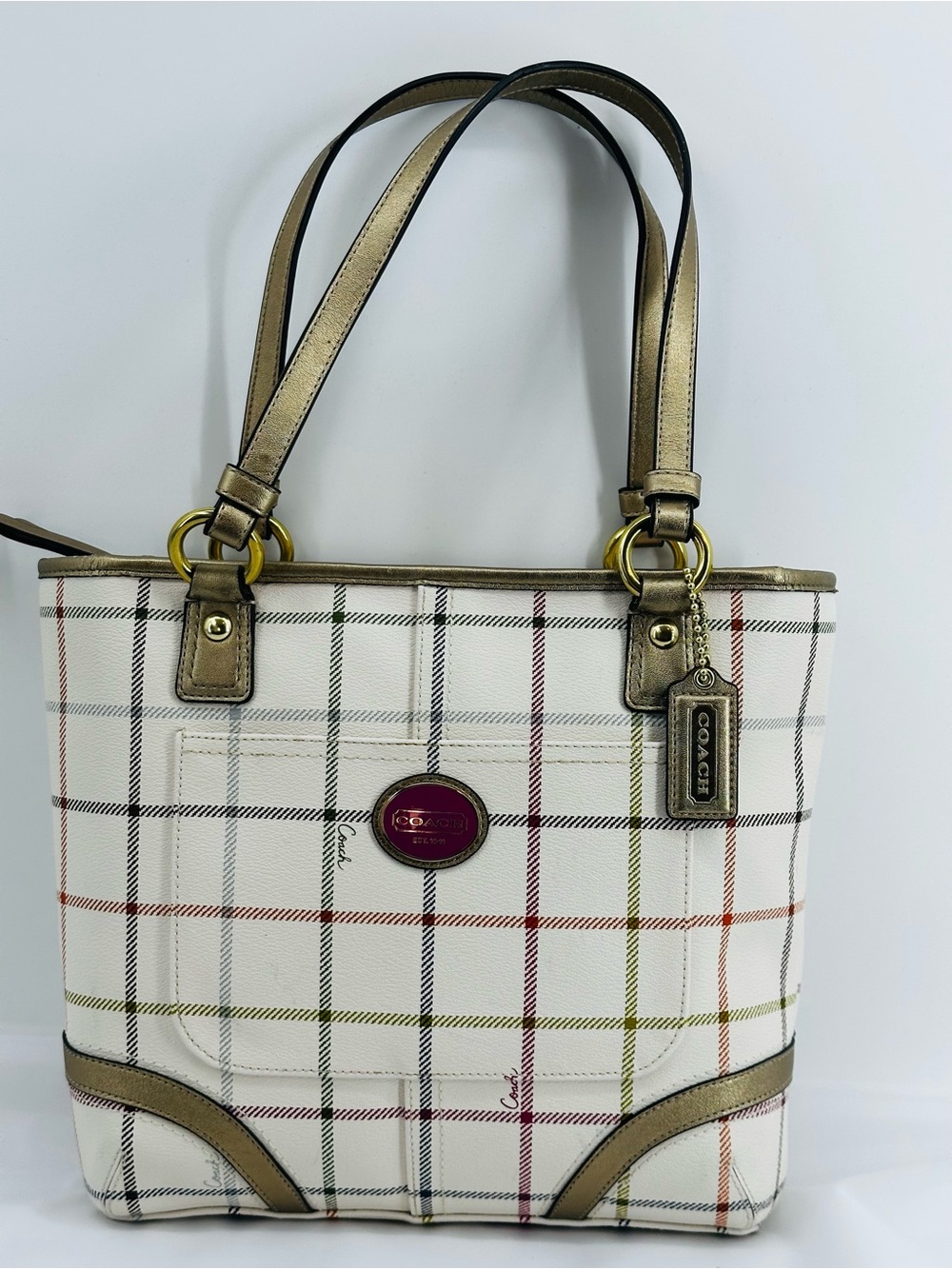 Authentic Coach Tattersall Multi colored Plaid with Gold aTrim Tote.